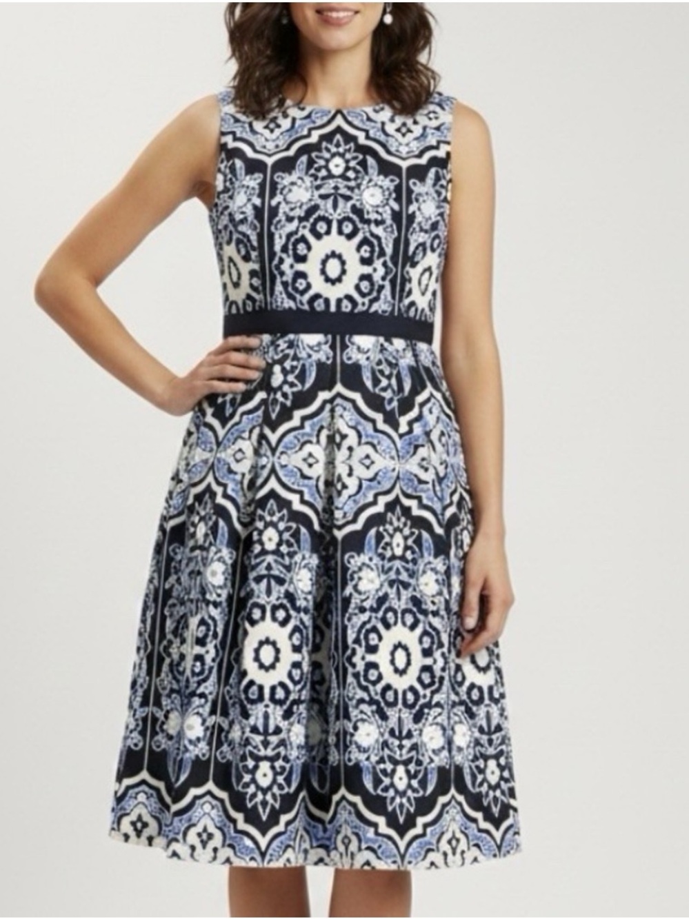 Talbots Sleeveless Black & Blue Medallion Fit-and-Flare Dress Size 12P